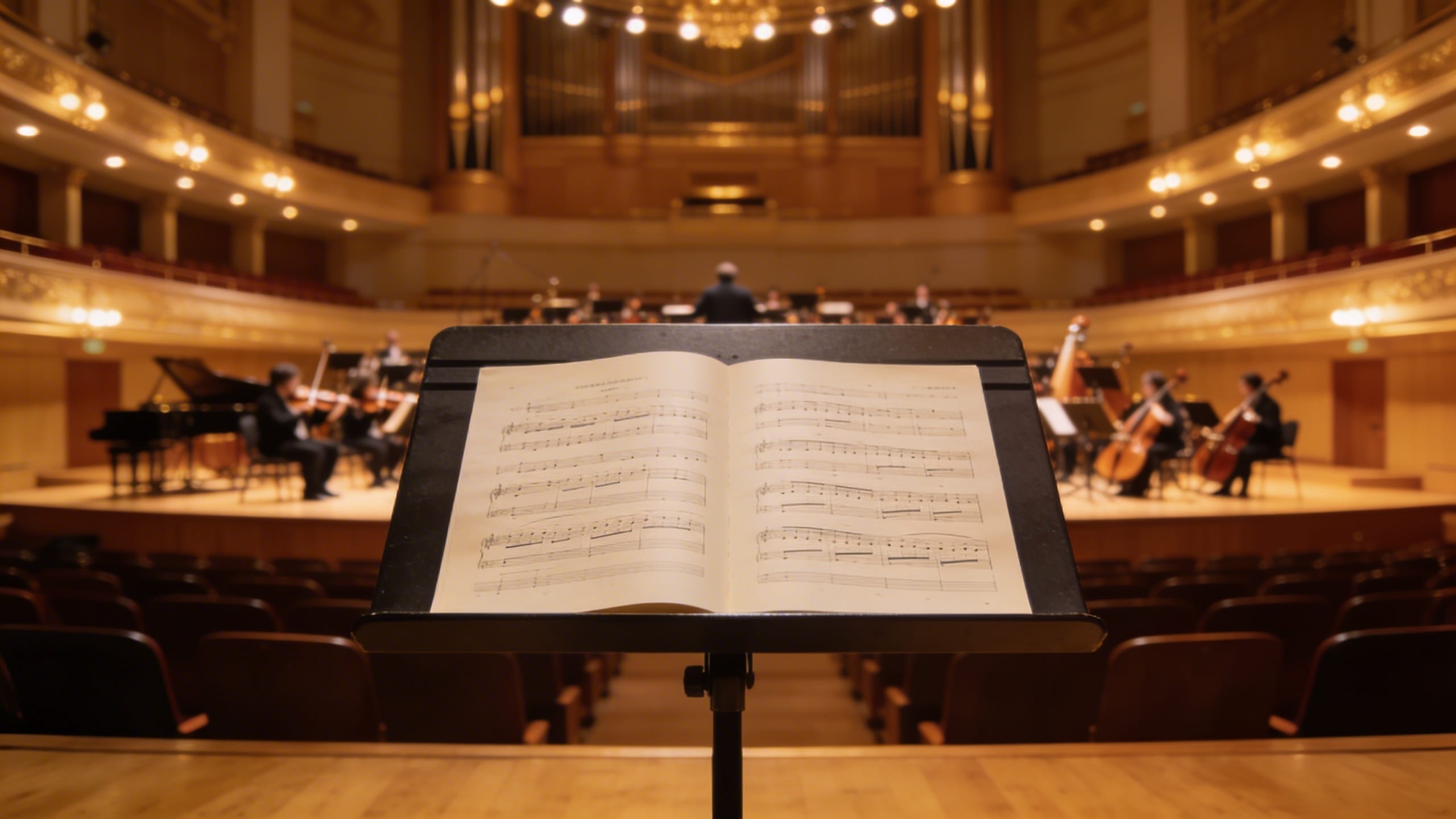 Sewa Stand Partitur Malang Terdekat & Murah untuk Semua Event Musik 1 Stand partitur berdiri di atas panggung konser musik dengan pencahayaan hangat di Malang